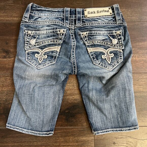 Rock Revival Johanna Y2K Low Rise Denim Bermuda Stretch Jean Shorts Size 24 - Picture 1 of 15